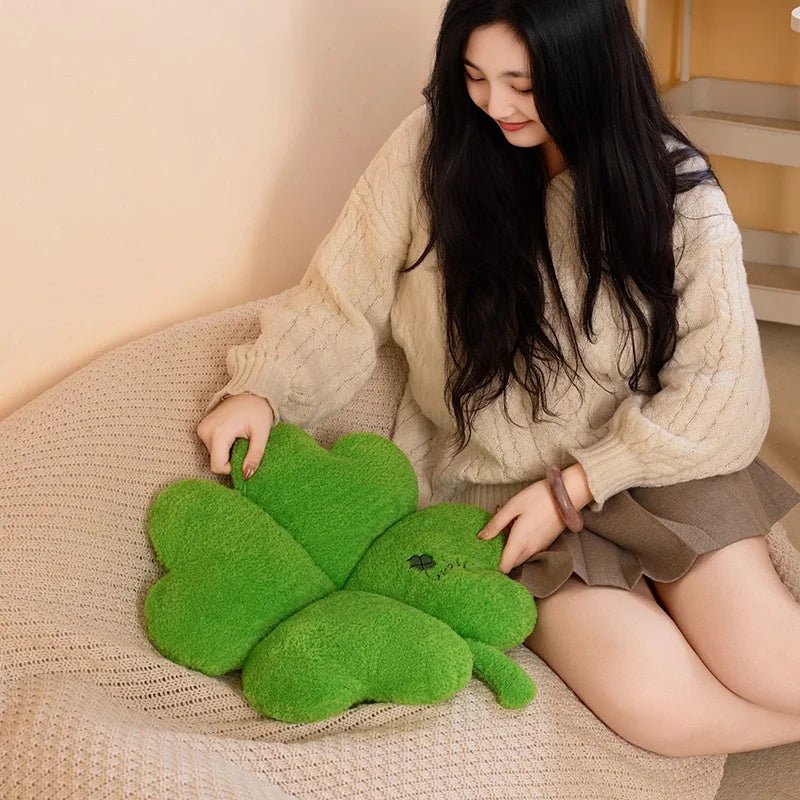 Four-Leaf Clover Plush Pillow – Lucky Green Cushion, 16" | 40 cm