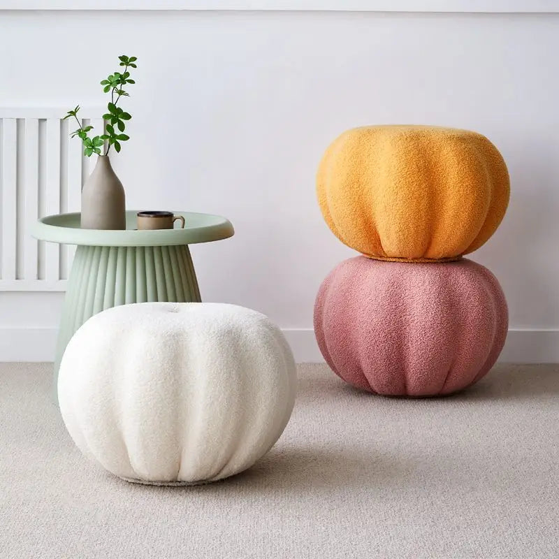 Pumpkin-Shaped Low Stool – INS Style Velvet Sofa Stool