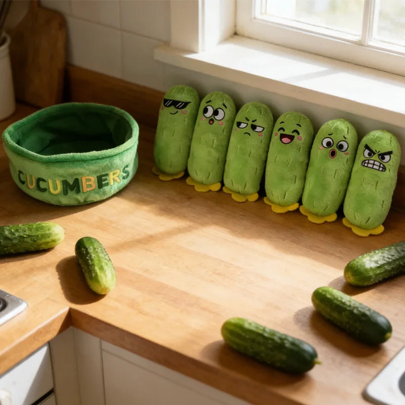 Basket of Emotional Cucumbers Plush Set – 7 Expressions, Mini Size