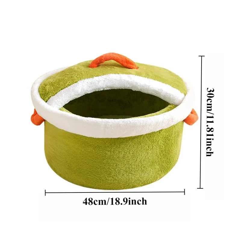 Cama para Mascotas Olla de Cocina 🍲 | Cama de felpa acogedora para gatos y perros pequeños