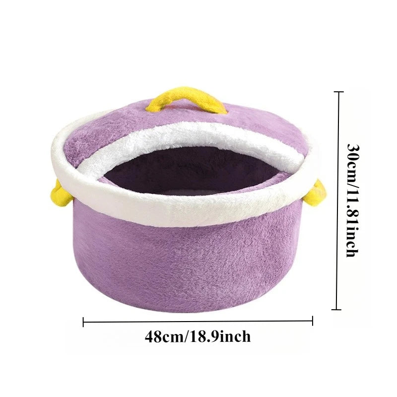 Cama para Mascotas Olla de Cocina 🍲 | Cama de felpa acogedora para gatos y perros pequeños