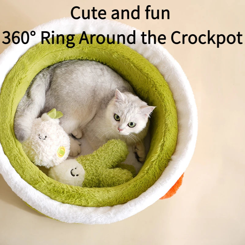 Cama para Mascotas Olla de Cocina 🍲 | Cama de felpa acogedora para gatos y perros pequeños