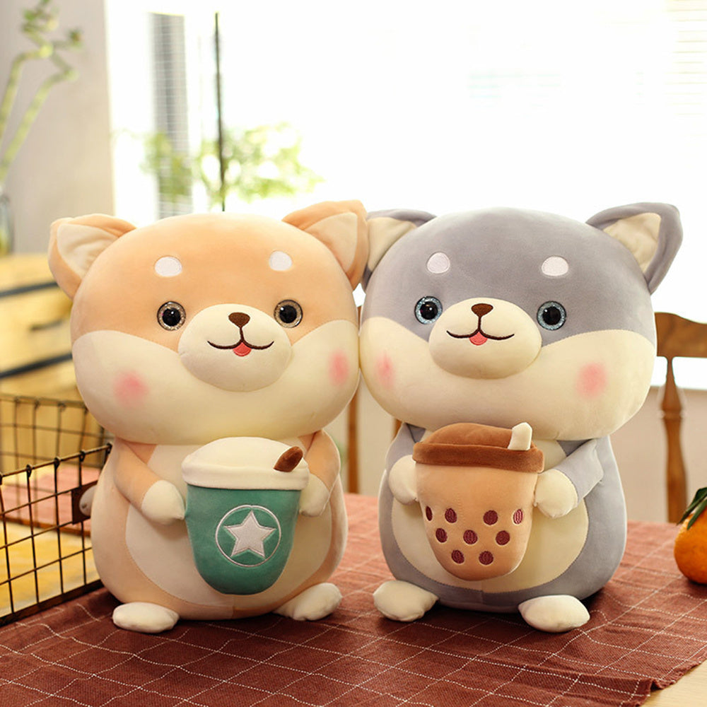 Plushie Shiba Inu Drinking Bubble Tea, 2 Styles, 8" | 20 cm