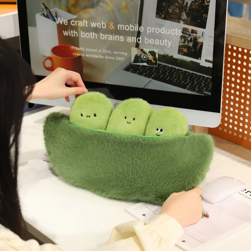 Green Soybean Pod Plushie Set – Pod & 3 Mini Beans, 5-16" | 14-40 cm