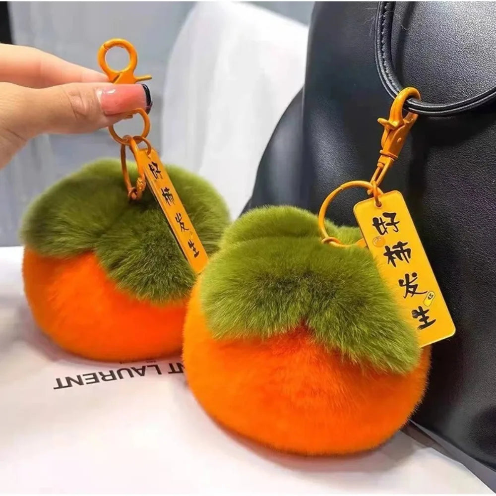Mini Persimmon Rabbit Fur Keychain – Plush Soft Doll Key Ring