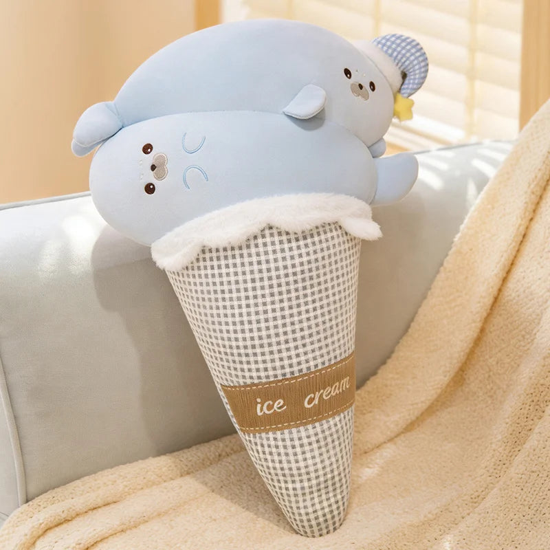 Ice Cream Cat & Seal Plush Pillow – Cool Fabric, 29-35" | 75-90 cm