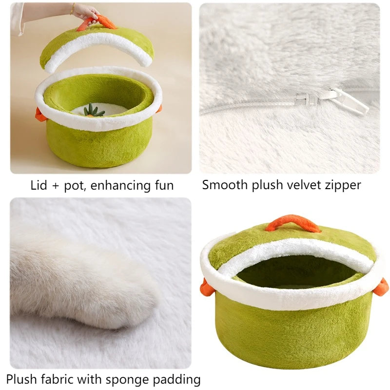 Cama para Mascotas Olla de Cocina 🍲 | Cama de felpa acogedora para gatos y perros pequeños