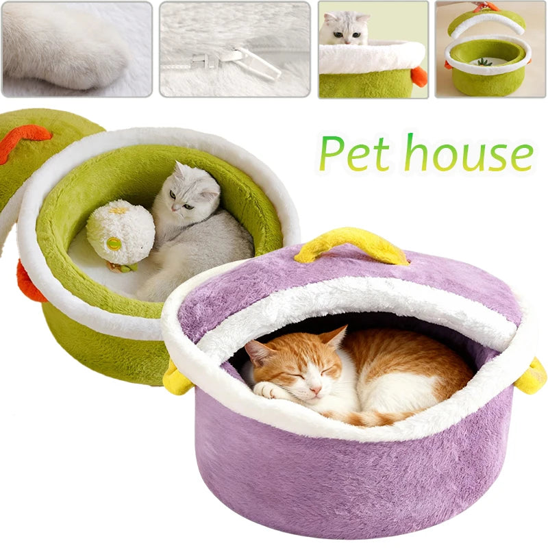 Cama para Mascotas Olla de Cocina 🍲 | Cama de felpa acogedora para gatos y perros pequeños