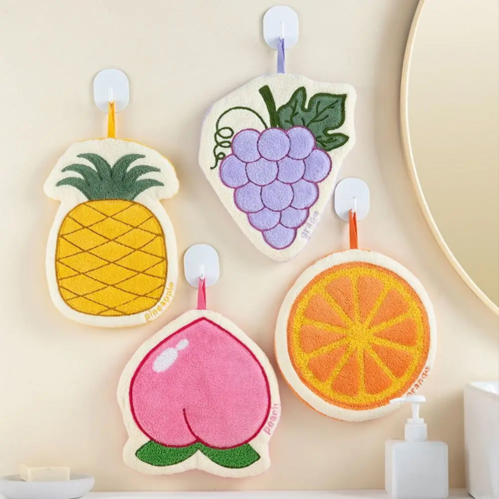 Cartoon Fruit Coral Fleece Hand Towel – Absorbent Hanging Kitchen Cloth