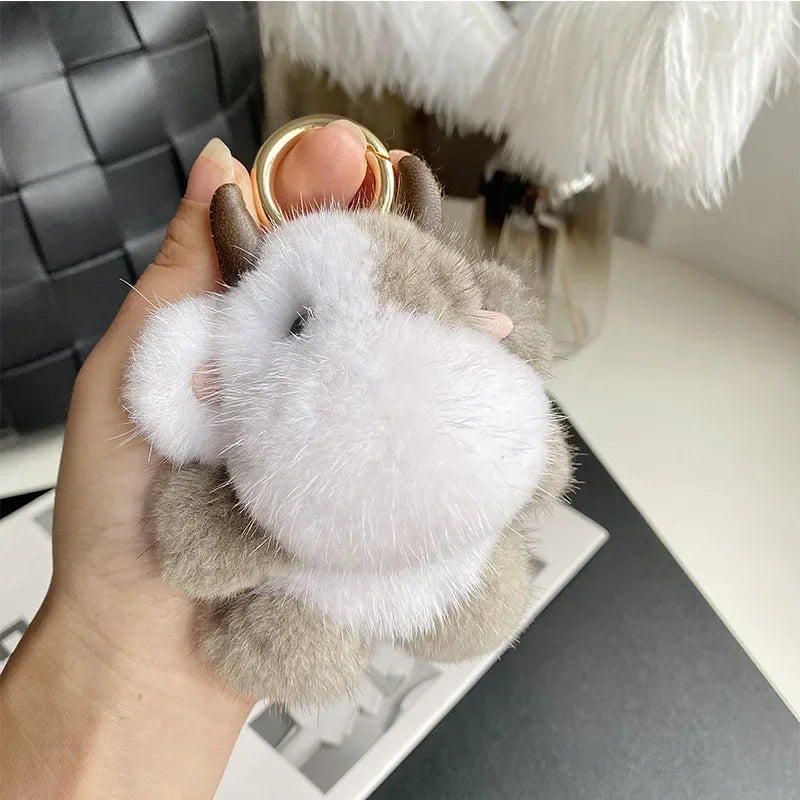 Cow Real Mink Fur Keychain Bag Charm – Plush Animal Pendant