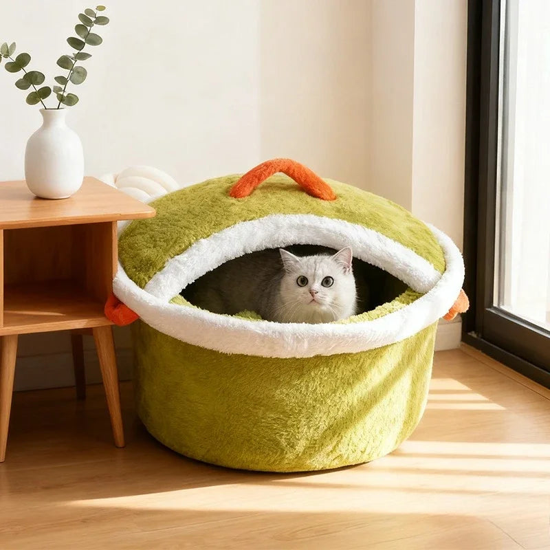 Cama para Mascotas Olla de Cocina 🍲 | Cama de felpa acogedora para gatos y perros pequeños
