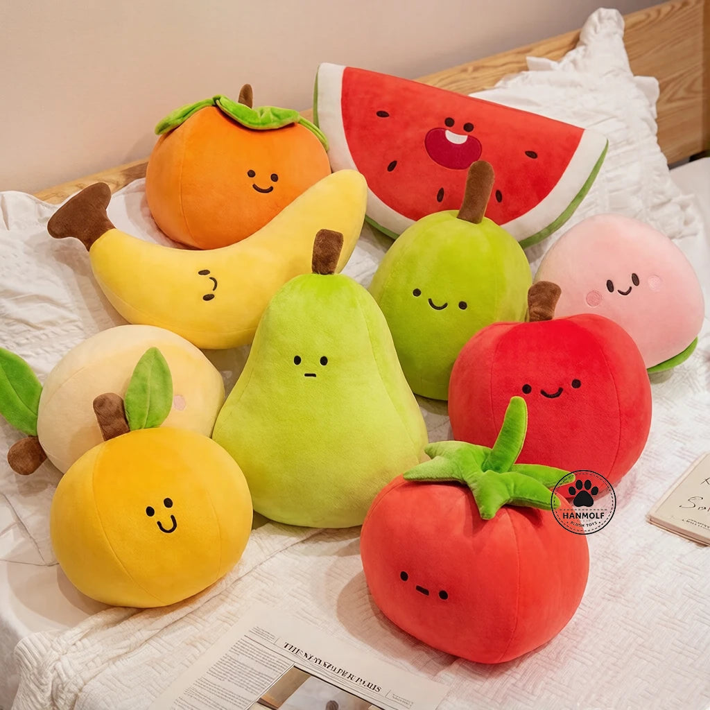 Kawaii Smiling Fruit Plushies – Tomato, Lemon, Pear, Banana & More, 4-20" | 11-50 cm