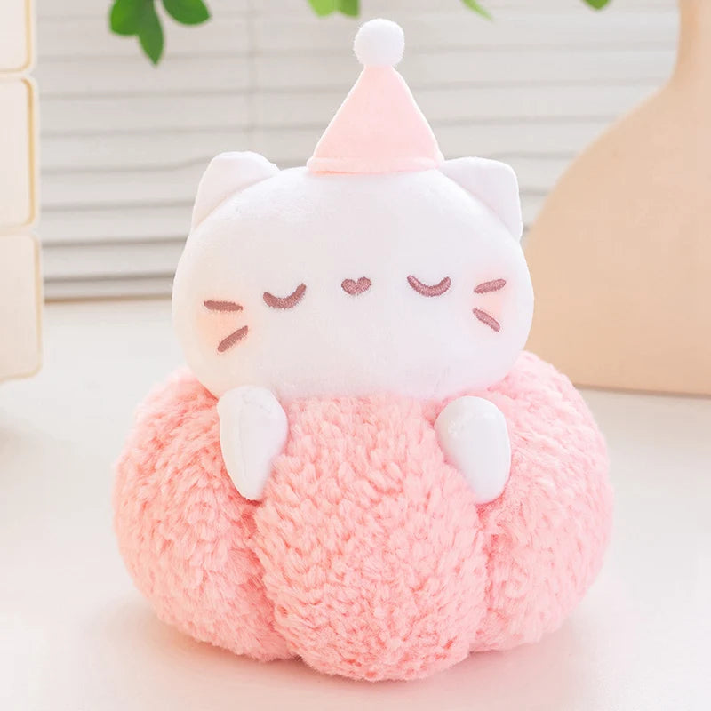 Kawaii Pumpkin Kitten Plush Toy – Soft Fluffy Chubby Appease Doll