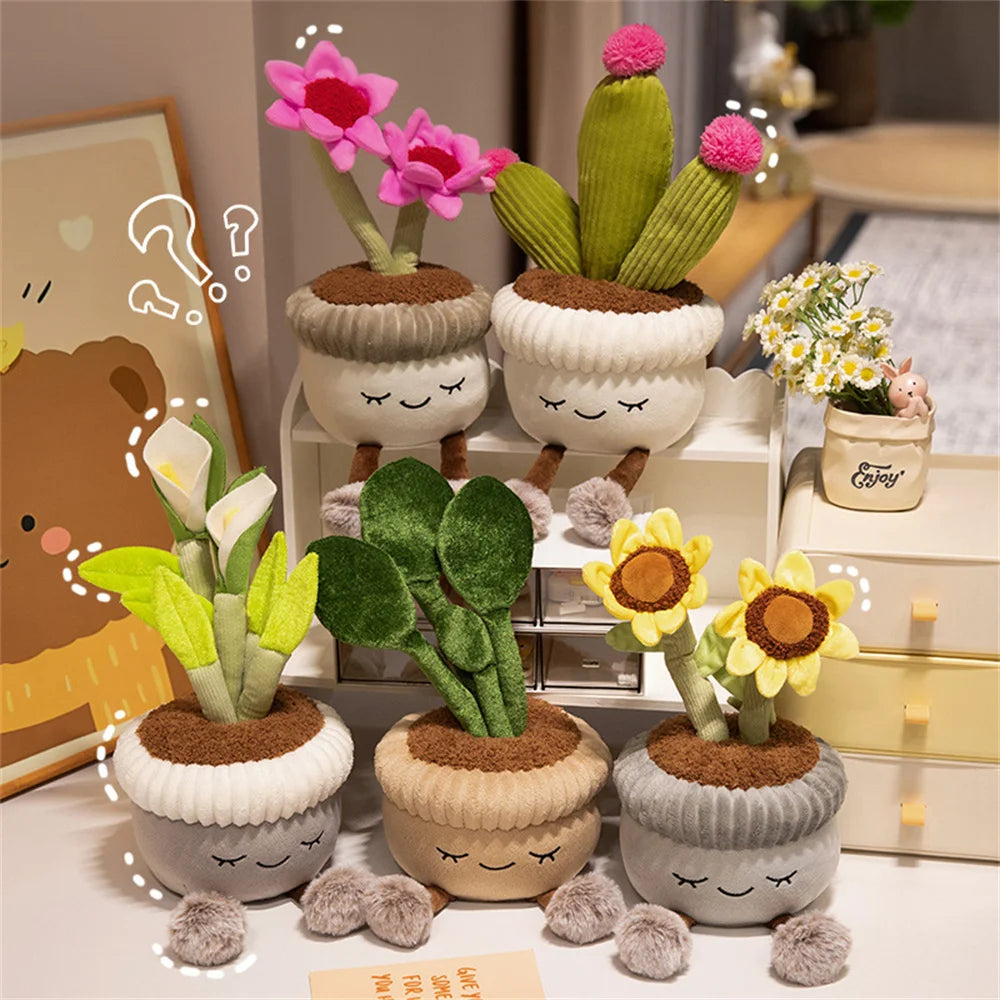 Kawaii Animal-Faced Potted Plant Plushies – Cat, Bear & Elephant, 12" | 30 cm