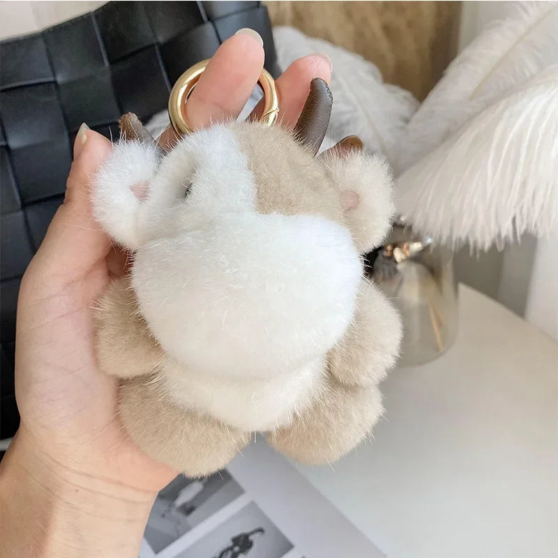 Cow Real Mink Fur Keychain Bag Charm – Plush Animal Pendant