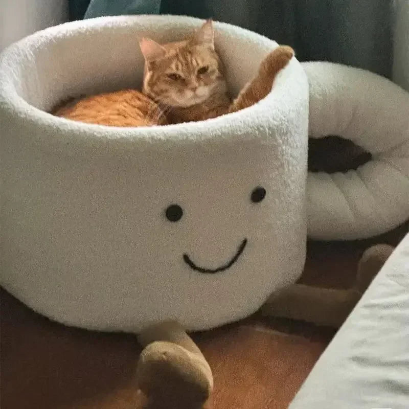 Coffee Cup-Shaped Cat Bed – Cozy Plush Cat House & Nest