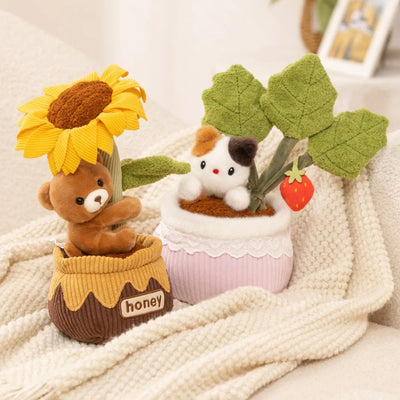 Kawaii Animal-Faced Potted Plant Plushies – Cat, Bear & Elephant, 12" | 30 cm