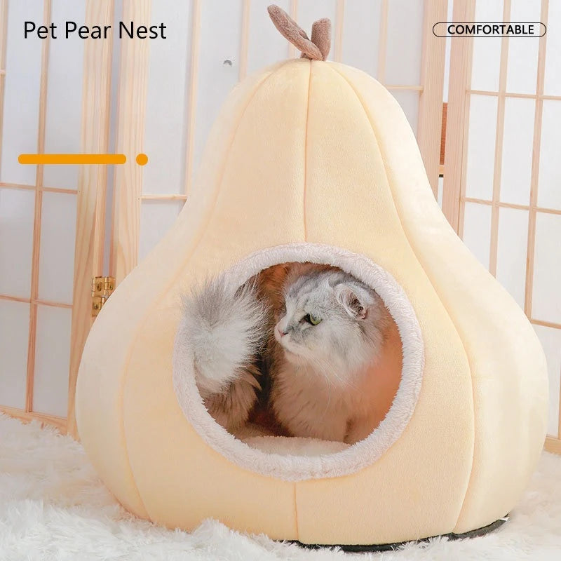 Pear-Shaped Plush Cat Bed – Cozy Semi-Enclosed Pet House