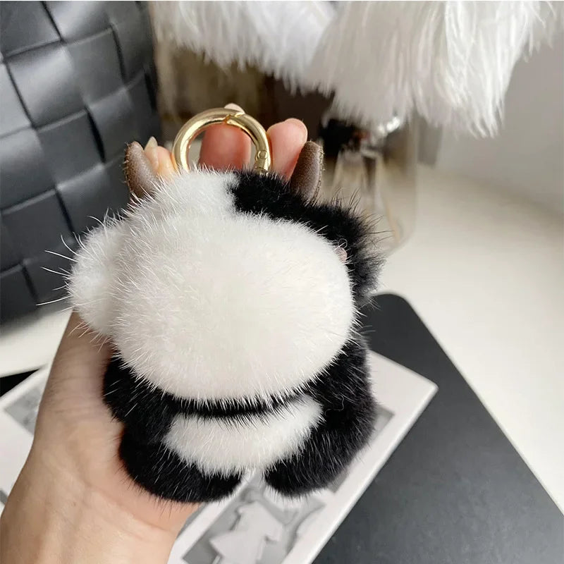 Cow Real Mink Fur Keychain Bag Charm – Plush Animal Pendant