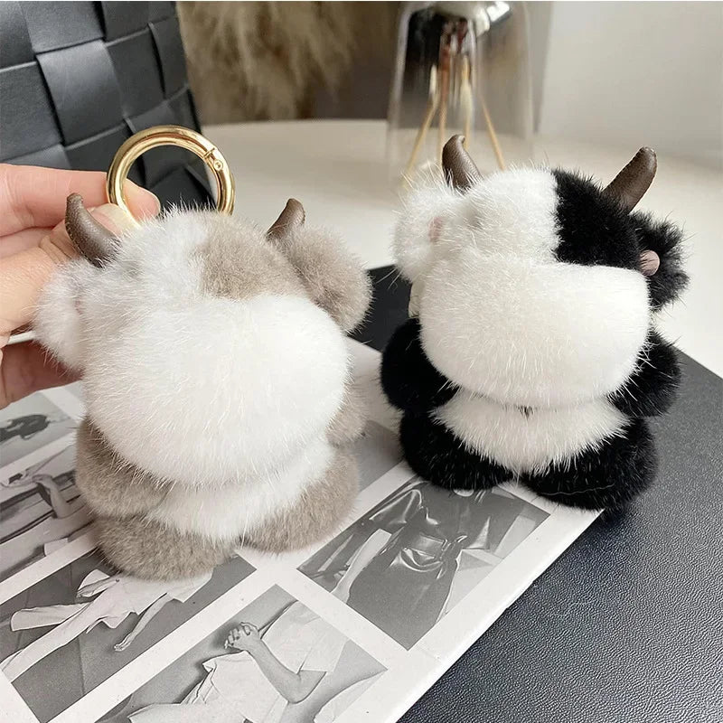 Cow Real Mink Fur Keychain Bag Charm – Plush Animal Pendant