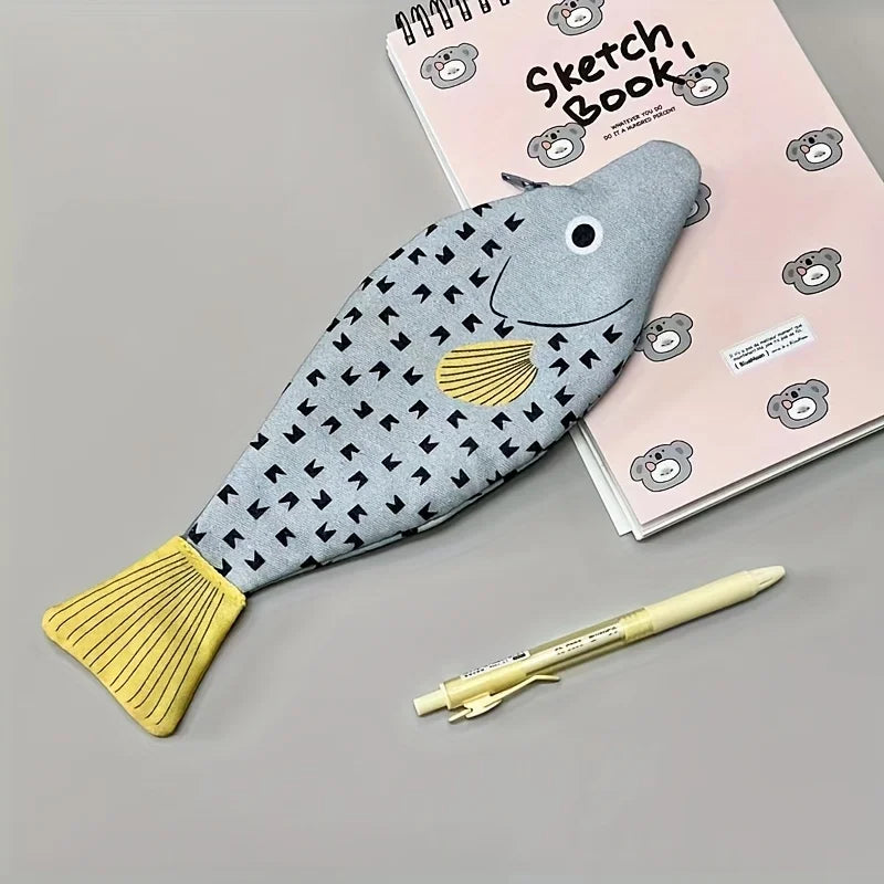 Fish-Shaped Novelty Pencil Case – Plush Fishbone Pen Bag