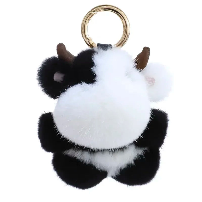 Cow Real Mink Fur Keychain Bag Charm – Plush Animal Pendant