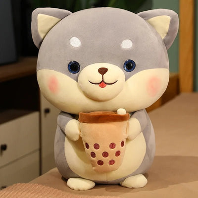 Plushie Shiba Inu Drinking Bubble Tea, 2 Styles, 8" | 20 cm plush toy – – Gray – Image 3 | Plushie Produce