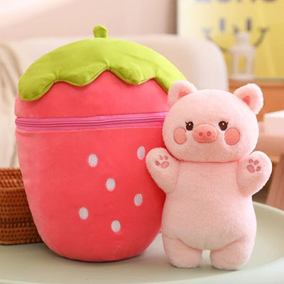 Giant Plushie Strawberry/Carrot Hiding a Pig/Rabbit, 1-2.6' | 30-80 cm plush toy – – Strawberry Pig – Image 5 | Plushie Produce