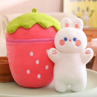 Giant Plushie Strawberry/Carrot Hiding a Pig/Rabbit, 1-2.6' | 30-80 cm plush toy – – Strawberry Rabbit – Image 3 | Plushie Produce